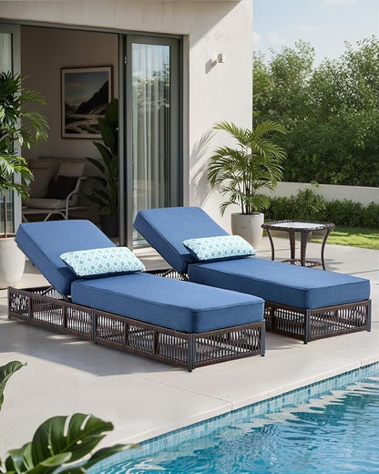 Luxury Outdoor Chaise Lounges with 5 Inch Thickened Cushions - Set of 2 High Back Brown Wicker Patio Recliners Rattan Reclining Chairs Porch Poolside Pool Sunbathing Lounger - Navy Blue