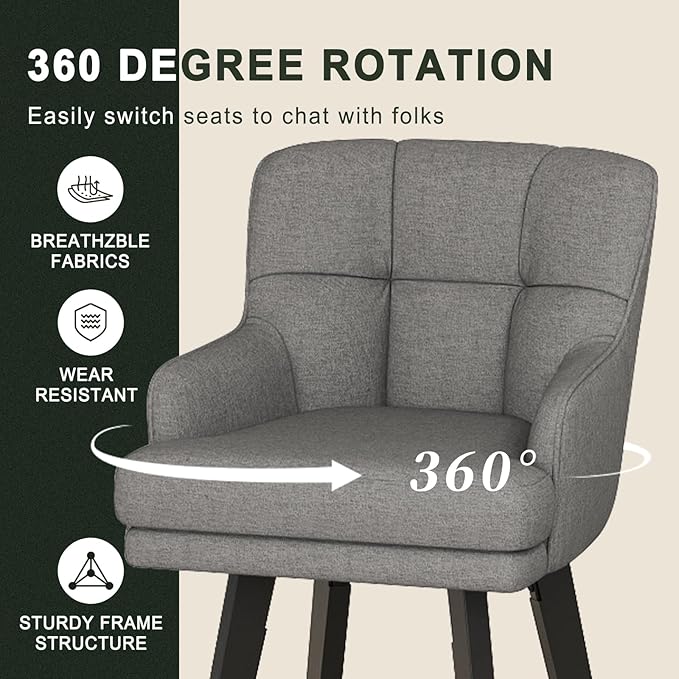 360°Swivel Counter Height Bar Stools with Back, 26 inch Solid Wood Legs, Bar Stool Modern Kitchen Island Chairs, Fabric (Mid-Grey- Fabric, 26" H- Set of 2)