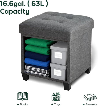 17.7" Ottoman with Storage, Square Storage Ottoman for Dorm, Linen Ottomans with Legs for Living Room, Bedroom, Gray