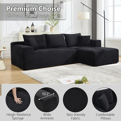 PELUMY 108.7" L-Shaped Modular Sectional Sofa with Oversized Chaise, Cloud Couch with Memory Foam, No Assembly Required Sleeper Sofa for Small Space Living Room, Apartment (Black, Corduroy)