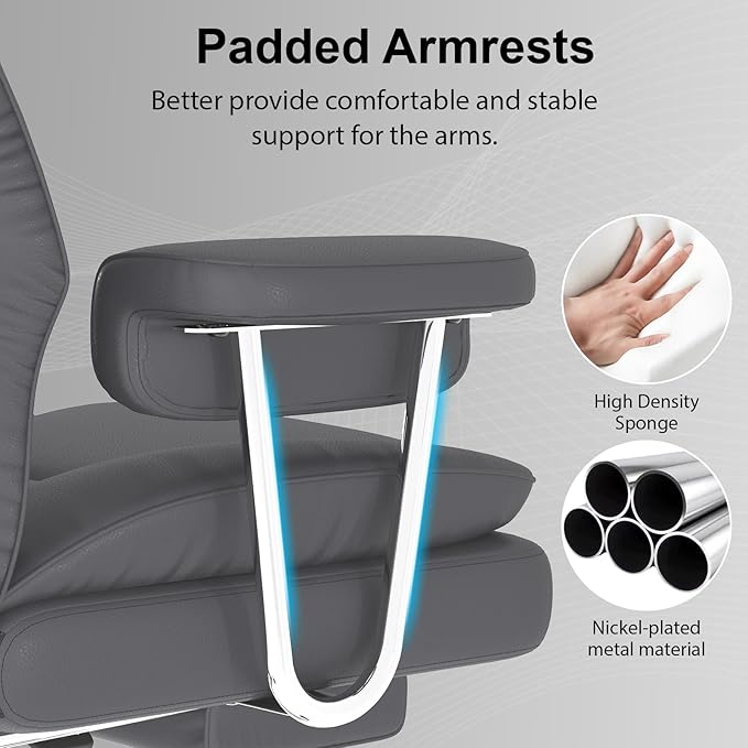 Big and Tall Office Chair, Executive Home Office Desk Chair, Comfy Leather High-Back Reclining Computer Chair with Retractable Footrest and Padded Arms, 360°Swivel Rolling Wheels, Wide Seat, Gray