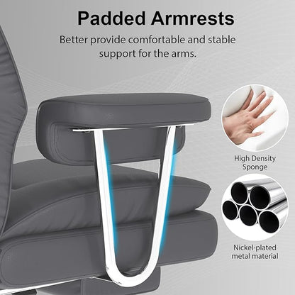 Big and Tall Office Chair, Executive Home Office Desk Chair, Comfy Leather High-Back Reclining Computer Chair with Retractable Footrest and Padded Arms, 360°Swivel Rolling Wheels, Wide Seat, Gray