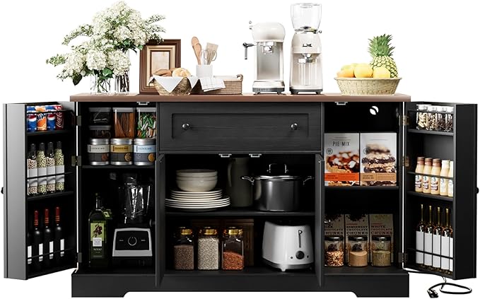 55.1" Buffet Cabinet with Storage, Charging Station, Modern Kitchen Buffet Sideboard with Drawer, Black Wood Coffee Bar with Adjustable Shelves & Spice Rack, Kitchen Storage Cabinet for Living Room