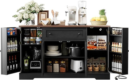 55.1" Buffet Cabinet with Storage, Charging Station, Modern Kitchen Buffet Sideboard with Drawer, Black Wood Coffee Bar with Adjustable Shelves & Spice Rack, Kitchen Storage Cabinet for Living Room