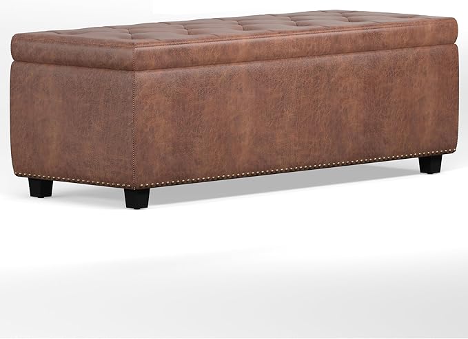 SIMPLIHOME Hamilton 48 inch Wide Transitional Rectangle Storage Ottoman in Distressed Umber Brown Vegan Faux Leather, Assembled, For the Living Room, Entryway and Family Room