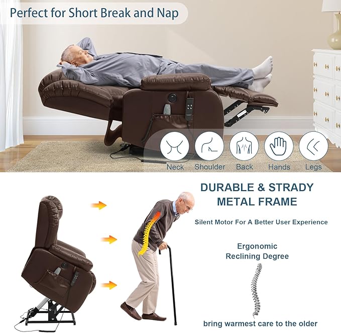 Dual Motor Large Power Lift Recliner Chair for Elderly with Heat and Massage,Lay Flat Lift Chairs Recliners for Seniors Infinite Position,USB Ports&Remote, Leather (Ochre) (Brown, Medium)