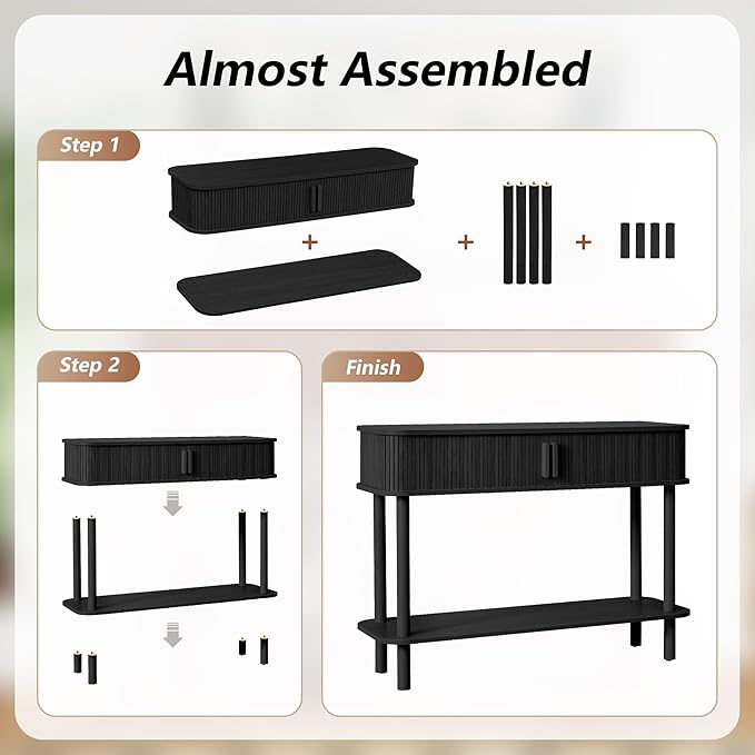 RARZOE Console Table with Storage, Fluted Entryway Table with Sliding Door&Open Shelf, Sofa Table Behind Couch, Mid-Century Modern Accent Table for Hallway, Entrance, Foyer, Fully Assembled(Black)