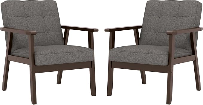 KCC Mid-Century Modern Linen Fabric Accent Chair Set of 2, Upholstered Tufted Leisure Chair Comfy Reading Side Chairs with Armrest and Solid Wood Frame for Living Room Bedroom Balcony(Gray)