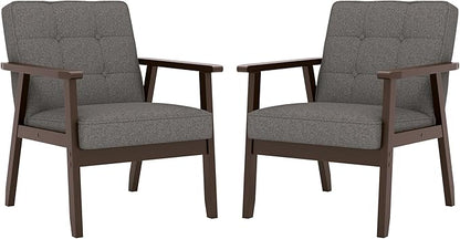 KCC Mid-Century Modern Linen Fabric Accent Chair Set of 2, Upholstered Tufted Leisure Chair Comfy Reading Side Chairs with Armrest and Solid Wood Frame for Living Room Bedroom Balcony(Gray)