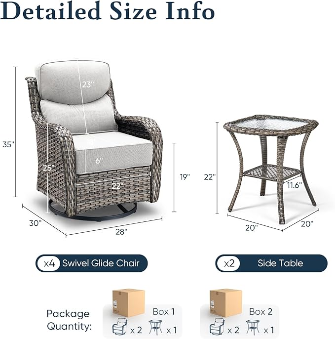 Belord Luxury 6" Thick Cushioned Outdoor Swivel Rocker Patio Chairs Set of 4 with Side Table, High Back Wicker Furniture Set with Ergonomic Zone Back, Conversation Set for Deck Porch - Grey+Beige