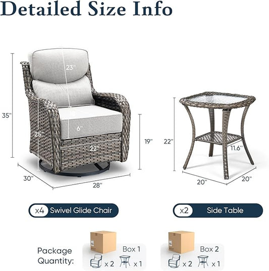 Belord Luxury 6" Thick Cushioned Outdoor Swivel Rocker Patio Chairs Set of 4 with Side Table, High Back Wicker Furniture Set with Ergonomic Zone Back, Conversation Set for Deck Porch - Grey+Beige
