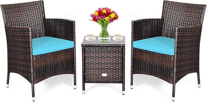 COSTWAY 3 PCS Patio Furniture Set, Outdoor Wicker Conversation Set with Tempered Glass Coffee Table, Seat Cushions, Rattan Wicker Chairs for Poolside Balcony Porch Backyard, Blue