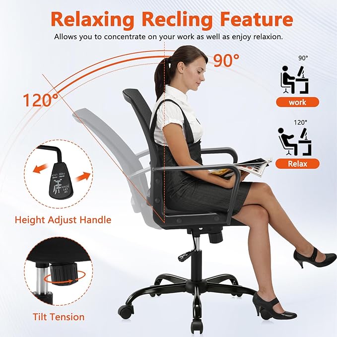 CLATINA Ergonomic Desk Chair, Mid Back Mesh Computer Chair with Lumbar Support and Armrest, Height Adjustable Swivel Chair for Home Office, Black (2PK)