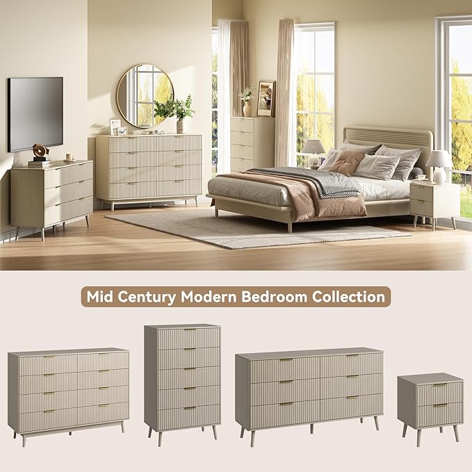 CARPETNAL Fluted 8 Drawer Dresser for Bedroom, 55" Wide Wooden Chest of Drawers with Rounded Corners, Gold Handles, Modern Storage Organizer for Bedroom, Hallway(Beige)