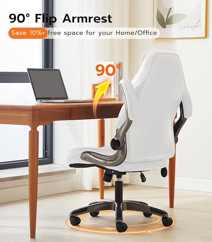 Office Desk Chair, Ergonomic Computer Chair with Padded Flip-Up Arms and Adjustable Lumbar Support, PU Leather Executive Chair with Tilt Lock and 360° Swivel Rolling Wheels for Work, Study