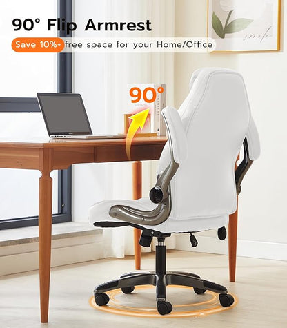 Office Desk Chair, Ergonomic Computer Chair with Padded Flip-Up Arms and Adjustable Lumbar Support, PU Leather Executive Chair with Tilt Lock and 360° Swivel Rolling Wheels for Work, Study