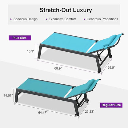 PURPLE LEAF Outdoor Oversized Lounge Chair Set of 3 Patio Chaise Pool Lounger Aluminum Frame with Side Table and Wheels for Outside Sunbathing Tanning Recliner Including Pillows Turquoise Blue