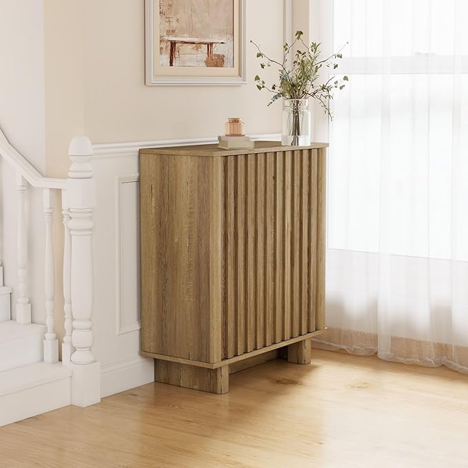 LukeAlon Fluted Sideboard Cabinet with Storage, Farmhouse Boho Accent Buffet Cabinet, 31.5" Height Wooden Small Credenza Cabinets for Living Room Dining Room Entryway Hallway, Natural Wood Color