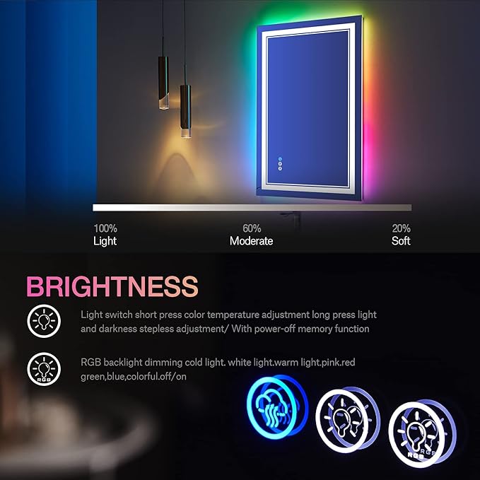 24x36 inch RGB LED Bathroom Mirror with Lights, Colorful Changing Lighted Mirror, Shatterproof Dimmable Anti-Fog LED Vanity Mirror for Bathroom (RGB Backlit + Front-Lit)
