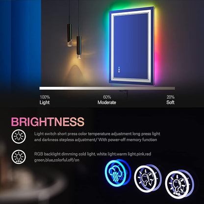 30x36 Inch RGB LED Bathroom Mirror with Lights, Color Changing RGB Backlit LED Mirror for Bathroom,Lighted Vanity Mirrors for Bathroom Wall, Dimmable, Anti-Fog (RGB Backlit+Front-Lit)