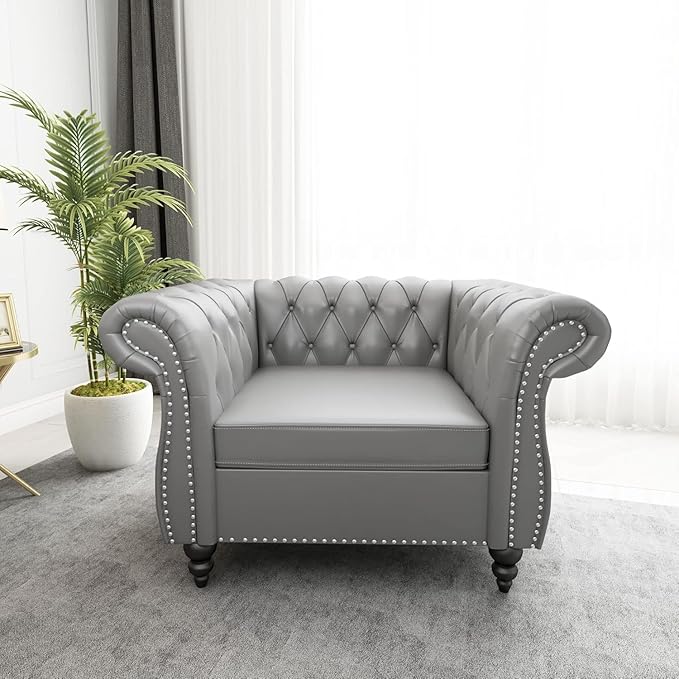 Living Room Chair, Modern Leather Chesterfield Sofa Chair, Mid Century Single Sofa Couch Chair with Tufted Back and Rolled Arms, Accent Sofa Chair for Living Room Apartment, Grey