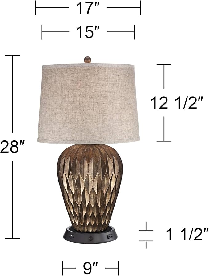 Possini Euro Design Buckhead Modern Table Lamp with Dimmable USB Workstation Charging Base Geometric 28" Tall Bronze Tapered Fabric Drum Shade for Living Room Bedroom House Bedside Nightstand Home