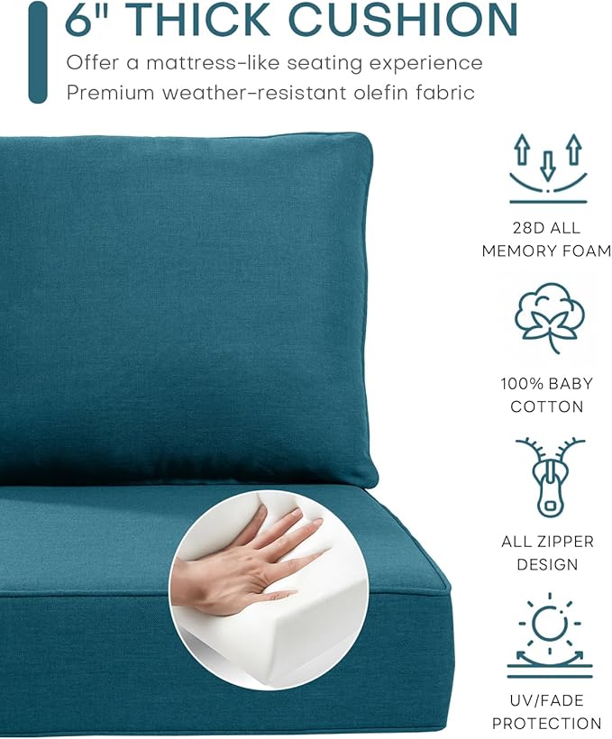 Luxury 24x24x6 Inch Outdoor Chair Cushions Set of 4 - Heavy Duty Water-Resistant Comfortable Cushion for Patio Furniture Set Dining Rocking Chairs Loveseat L-Shape Sofa - Peacock Blue