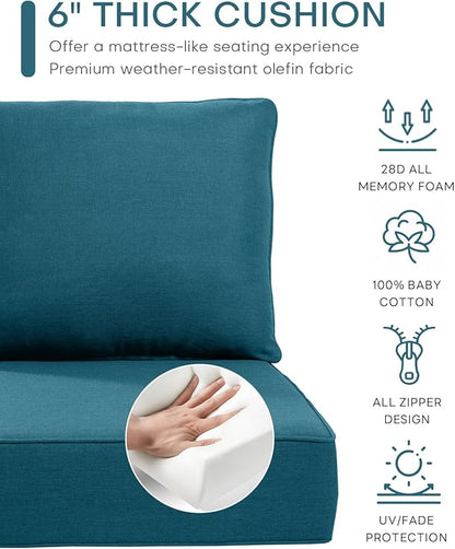 Luxury 22x24/22x25 6-Inch Outdoor Cushions - Water Resistant 1 Set Patio Back&Seat Cushion for Wicker Dining Rocking Swivel Chairs Loveseat Couch Sectional Sofa - Peacock Blue