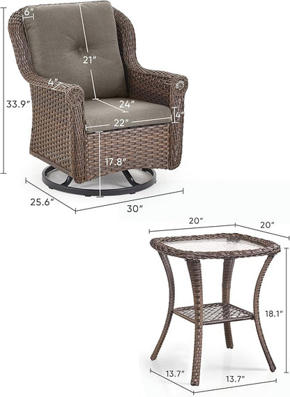 3 Piece Patio Swivel Chairs and Side Table Set - High Back Outdoor Brown Wicker Rattan Rocking Glider with Thick Cushions for Porch Apartment Deck Yard Poolside Garden - Grey