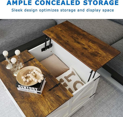 Farmhouse Coffee Table Set of 3, Lift Top Coffee Table with Sliding Barn Doors and Nightstands Set of 2 with Charging Station, Living Room Table Set for Home Office, White