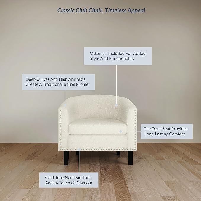 BELLEZE Living Room Chair, Upholstered Accent Chair, Barrel Club Chair with Silver Nail Head Trim & Black Legs, for Living Room Bedroom Reception Room- Kyara (White/Polyester)