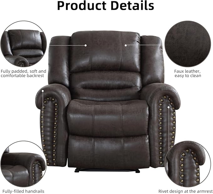 INZOY Leather Recliner Chair, Heavy Duty Manual Reclining Sofa Single Lounge Sofa for Living Room, Home Theater Seating, Dark Grey