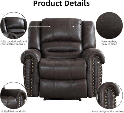 INZOY Leather Recliner Chair, Heavy Duty Manual Reclining Sofa Single Lounge Sofa for Living Room, Home Theater Seating, Dark Grey