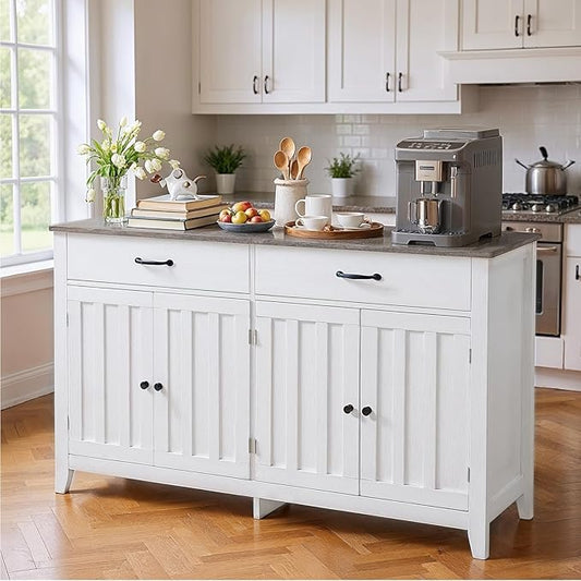 Gizoon 55" Buffet Cabinet, Sideboard Buffet Cabinet with Storage, Modern Coffee Bar with 2 Drawers and 4 Doors, Kitchen Pantry Storage, Wood Kitchen Sideboard Table, Adjustable Shelf, White/Grey