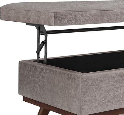 SIMPLIHOME Owen 42 inch Wide Mid Century Modern Rectangle Lift Top Large Coffee Table Storage Ottoman in Distressed Grey Vegan Faux Leather, Assembled, for the Living Room, Entryway and Family Room