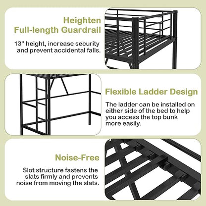 VECELO Metal Loft Bed Twin Size, Heavy Duty Bedframe with Removable Ladder and Safety Guardrail, Space-Saving, Noise Free, No Box Spring Needed, Matte Black
