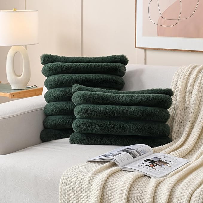 FUTEI Christmas Dark Green Decorative Throw Pillow Covers 24x24 Inch Set of 2, Square Soft Faux Rabbit Fur Thick Striped European Cushion Covers,Winter Home Decor for Couch Bed Living Room