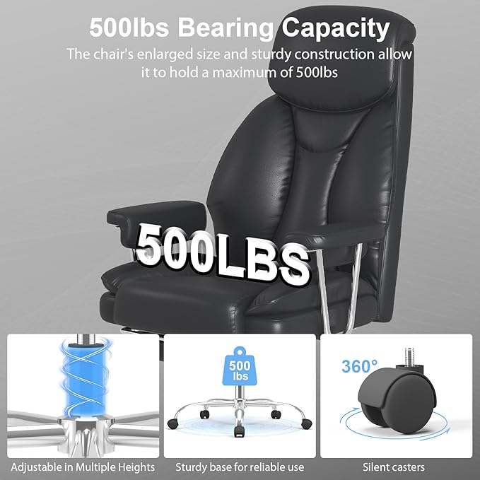 Big and Tall Office Chair, Executive Home Office Desk Chair, Comfy Leather High-Back Reclining Computer Chair with Retractable Footrest and Padded Arms, 360°Swivel Rolling Wheels, Wide Seat, Black