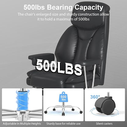 Big and Tall Office Chair, Executive Home Office Desk Chair, Comfy Leather High-Back Reclining Computer Chair with Retractable Footrest and Padded Arms, 360°Swivel Rolling Wheels, Wide Seat, Black