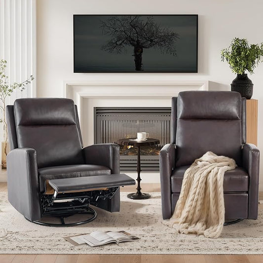 COLAMY Recliner Chair, PU Leather 360° Swivel Rocker Recliner, Nursery Glider Recliner with Ergonomic High Backrest and Upholstered Deep Seat for Living Room, Bedroom, Color Chocolate