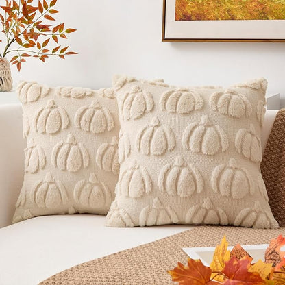 Kevin Textile Fall Pillow Covers 16x16 Inch Set of 2 Soft Pumpkins Decorative Square Pillowcases Plush Autumn Faux Fur Cushions Harvest Gift for Couch Sofa Chair Bedroom Home Decor, Beige