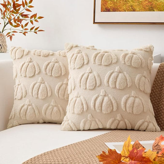 Kevin Textile Fall Pillow Covers 16x16 Inch Set of 2 Soft Pumpkins Decorative Square Pillowcases Plush Autumn Faux Fur Cushions Harvest Gift for Couch Sofa Chair Bedroom Home Decor, Beige