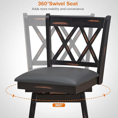 COSTWAY Bar Stool Set of 2, 360 ° Swivel Counter Height 25 inch Bar Stool with Foot Rest Upholstered Cushion & Ergonomic Backrest, Sturdy Frame, for Pub, Restaurant, Home (2, Black + Grey)