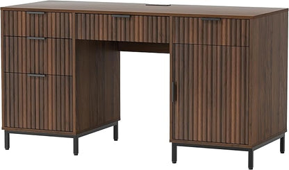 Modern Fluted Executive Desk with File Drawer, 55" Large Computer Desk with Storage and Charging Station, Wooden Home Office Desk for Workspace, Writing, Study, Brown