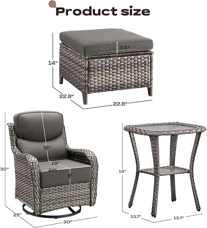 Rilyson Wicker Outdoor Patio Furniture Set - 5 Piece Patio Conversation Sets with Swivel Rocker Chairs, Ottomans and Side Table, 6 inch Cushions, Waterproof Wicker, for Porch Deck Mixed Grey/Grey