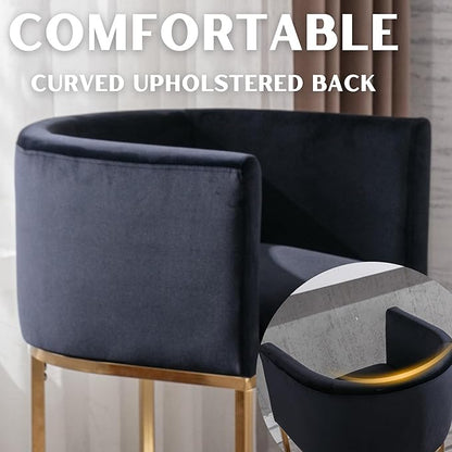 Black Velvet Bar Stools Set of 2, 24" Contemporary Upholstered Fabric Counter Height Barstools Kitchen Counter Island Stools with Golden Metal Base