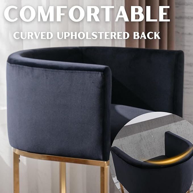 Contemporary Black Velvet Bar Stools Set of 4, 24" Upholstered Fabric Counter Height Barstools Kitchen Counter Island Stools with Screwed Together Golden Metal Base