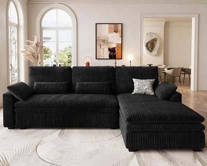 Belffin Large Modular Sectional Sofa with Deep Chaise, 104" Corduroy L Shaped Couch with 9" Soft Dual-Layer Seats Cushion for Living Room, Apartment, Black