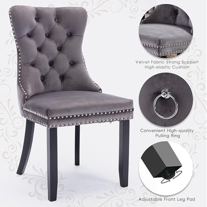 Velvet Upholstered Dining Chairs Set of 4, Modern Style Kitchen Side Chairs with Nailhead Trim and Wood Legs,Metal Pulling Ring for Dining Room Living Room(Grey,Set of 4)