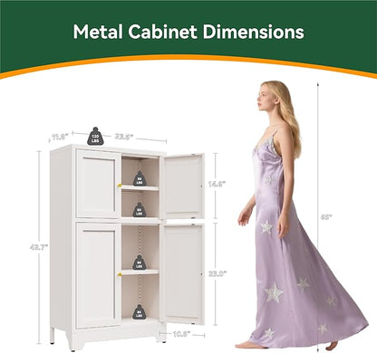 Bathroom Floor Storage Cabinet,Metal Accent Sideboard with 4 Doors and 2 Adjustable Shelves, Freestanding Bathroom Cabinets White Storage Organizer for Kitchen Pantry,Living Room,Hallway